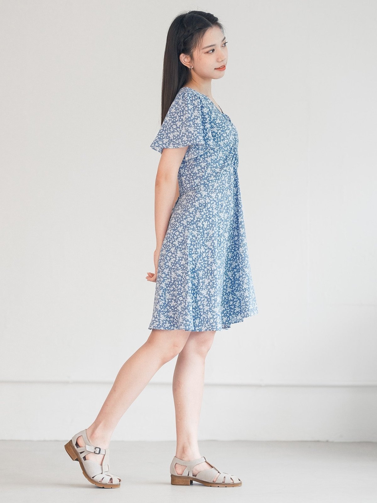 Mariel Floral V-neck Mini Dress - DAG-DD0201-23BlueFloralS - Blue White Floral - S - D'ZAGE Designs
