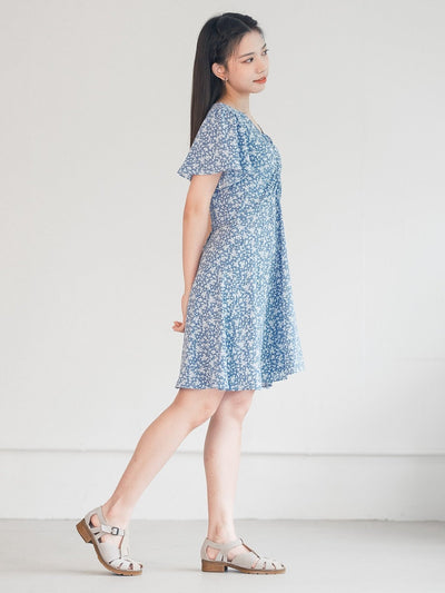 Mariel Floral V-neck Mini Dress - DAG-DD0201-23BlueFloralS - Blue White Floral - S - D'ZAGE Designs