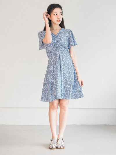 Mariel Floral V-neck Mini Dress - DAG-DD0201-23BlueFloralS - Blue White Floral - S - D'ZAGE Designs