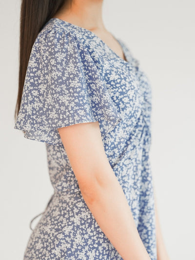 Mariel Floral V-neck Mini Dress - DAG-DD0201-23BlueFloralS - Blue White Floral - S - D'ZAGE Designs