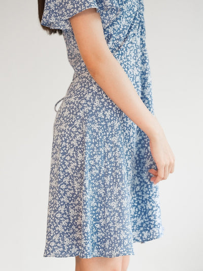 Mariel Floral V-neck Mini Dress - DAG-DD0201-23BlueFloralS - Blue White Floral - S - D'ZAGE Designs