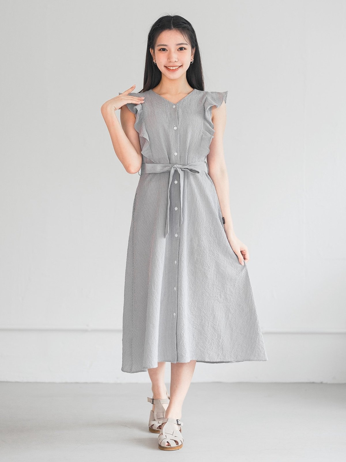 Miranda Checkered Frill Midi Dress - DAG-DD0205-23GrayGinghamF - Light Gray - F - D'ZAGE Designs