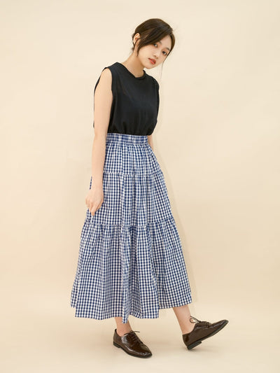 Checkered Tiered Midi Skirt - DAG-DD8801-21ClassicNavyF - Blue White Checkers - F - D'ZAGE Designs