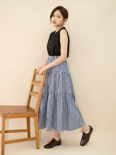 Checkered Tiered Midi Skirt - DAG-DD8801-21ClassicNavyF - Blue White Checkers - F - D'ZAGE Designs