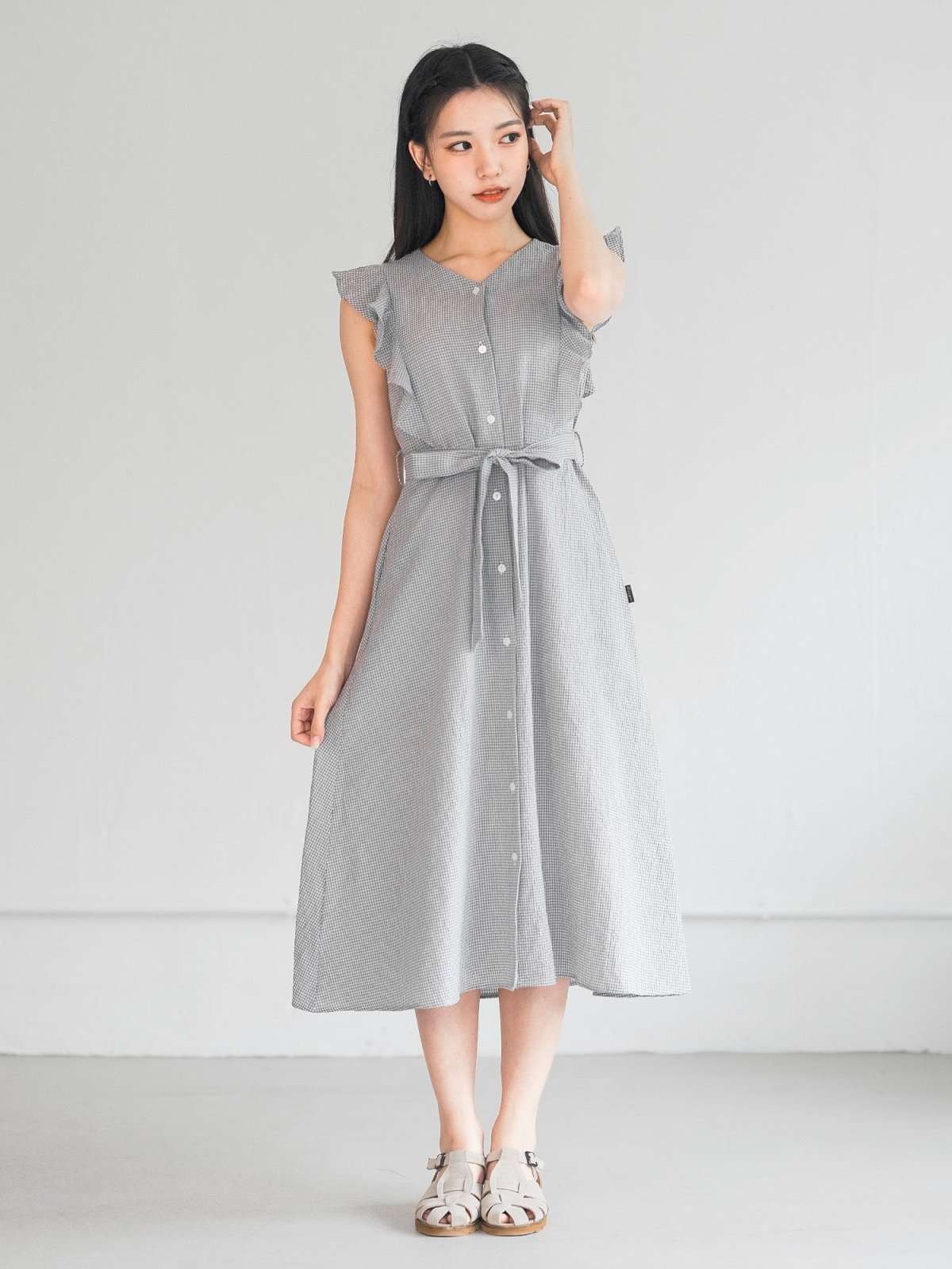 Miranda Checkered Frill Midi Dress - DAG-DD0205-23GrayGinghamF - Light Gray - F - D'ZAGE Designs