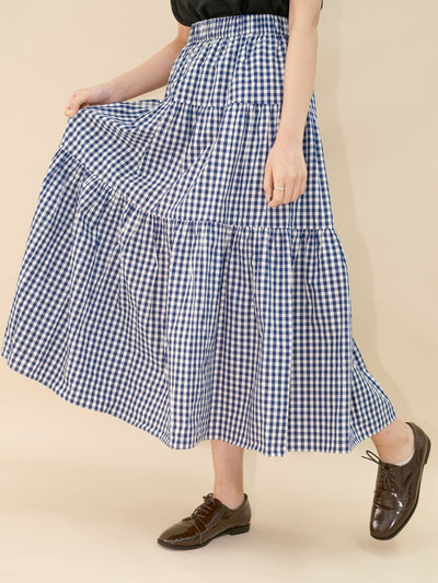 Checkered Tiered Midi Skirt - DAG-DD8801-21ClassicNavyF - Blue White Checkers - F - D'ZAGE Designs