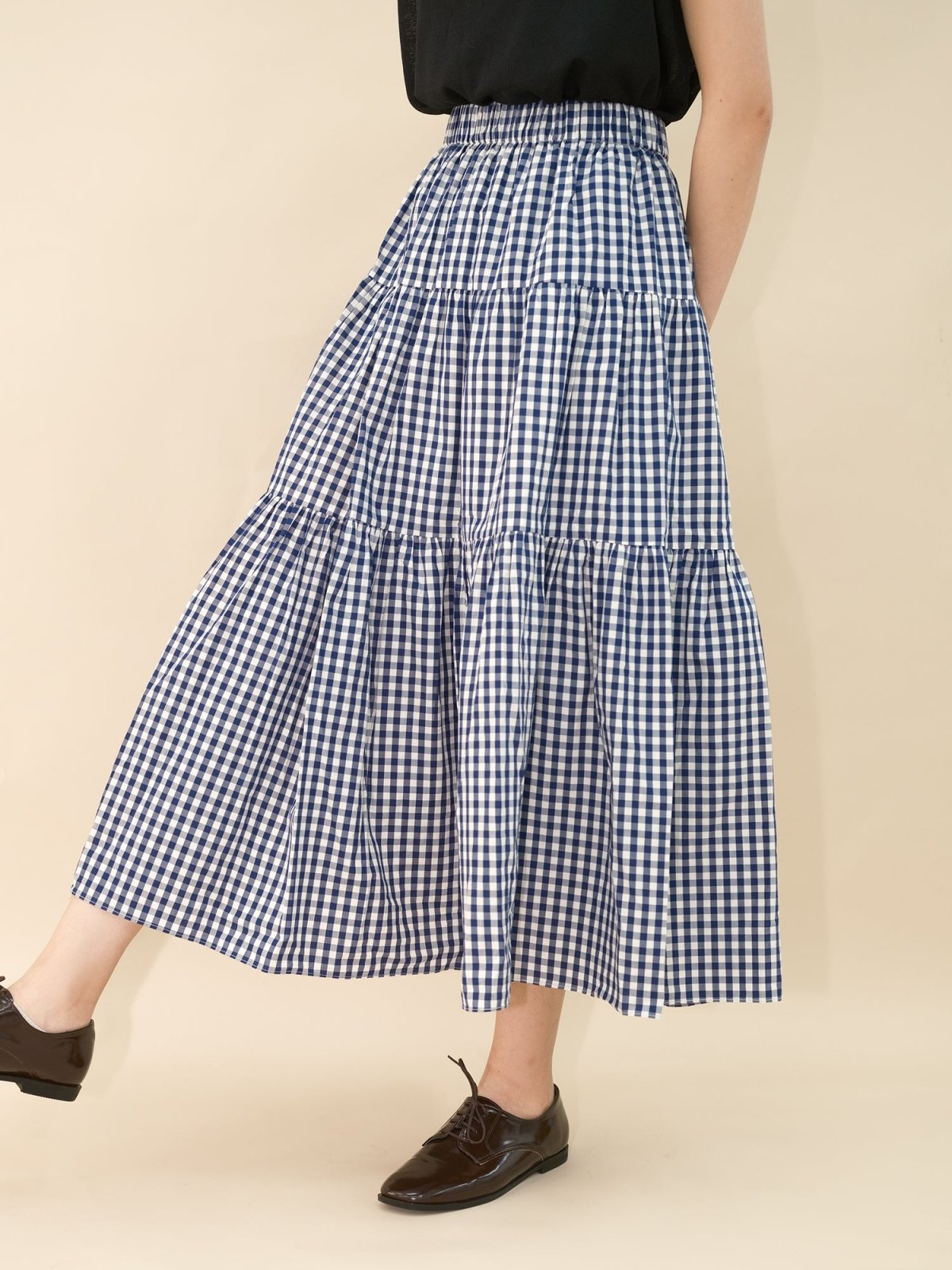 Checkered Tiered Midi Skirt - DAG-DD8801-21ClassicNavyF - Blue White Checkers - F - D'ZAGE Designs