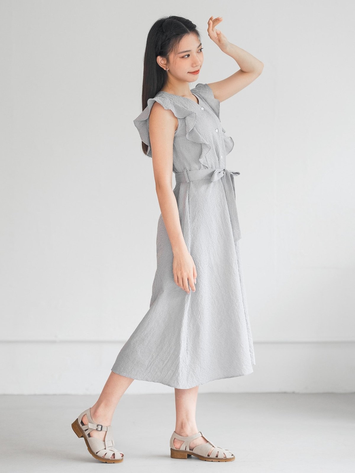 Miranda Checkered Frill Midi Dress - DAG-DD0205-23GrayGinghamF - Light Gray - F - D'ZAGE Designs
