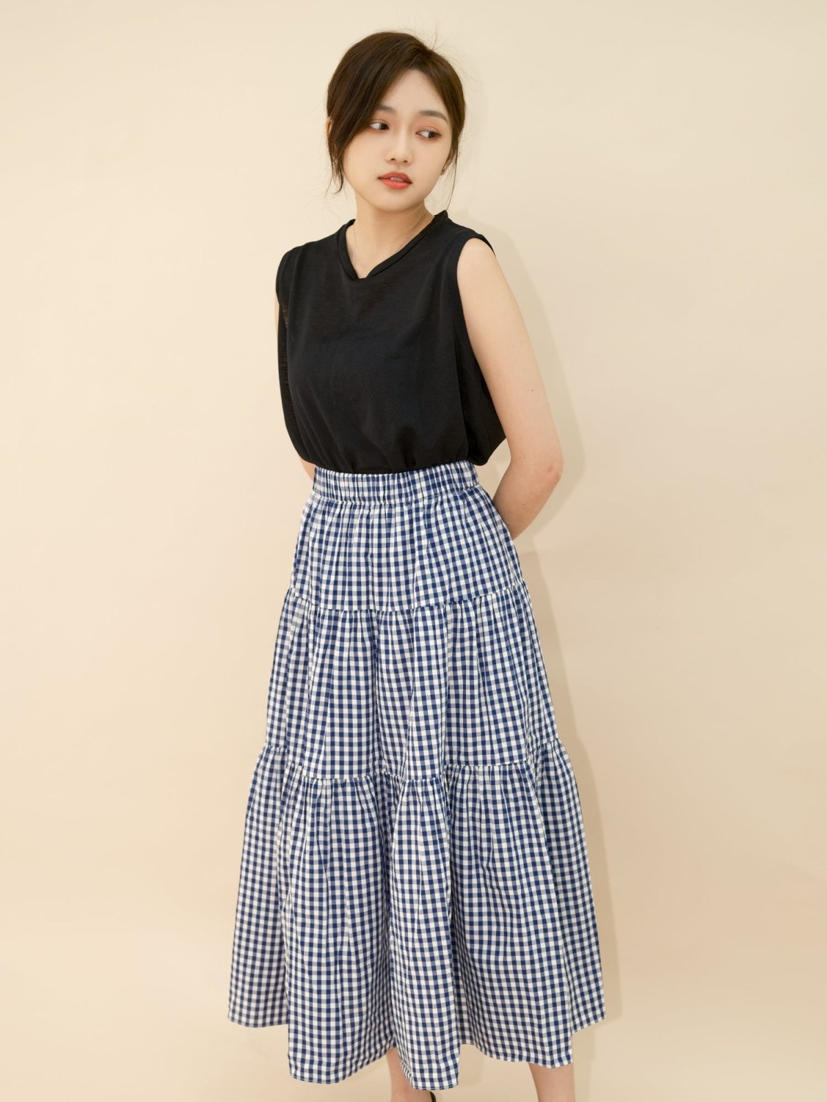 Checkered Tiered Midi Skirt - DAG-DD8801-21ClassicNavyF - Blue White Checkers - F - D'ZAGE Designs