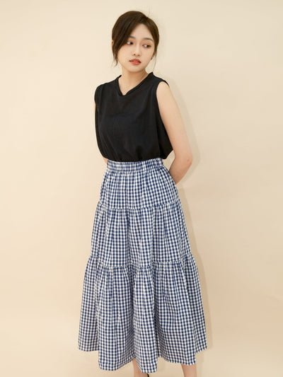Checkered Tiered Midi Skirt - DAG-DD8801-21ClassicNavyF - Blue White Checkers - F - D'ZAGE Designs