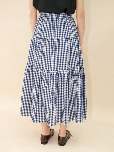 Checkered Tiered Midi Skirt - DAG-DD8801-21ClassicNavyF - Blue White Checkers - F - D'ZAGE Designs