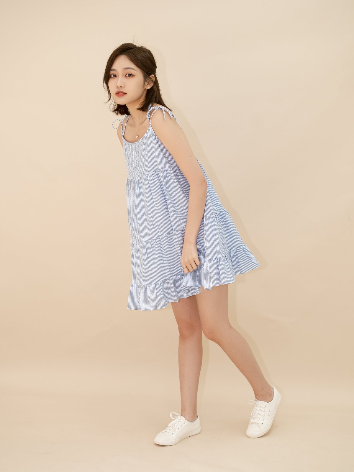 Striped Tiered Mini Dress BLUE WHITE STRIPE - DAG-DD8517-21BlueWhiteStripeF - Blue White Stripes - F - D'ZAGE Designs