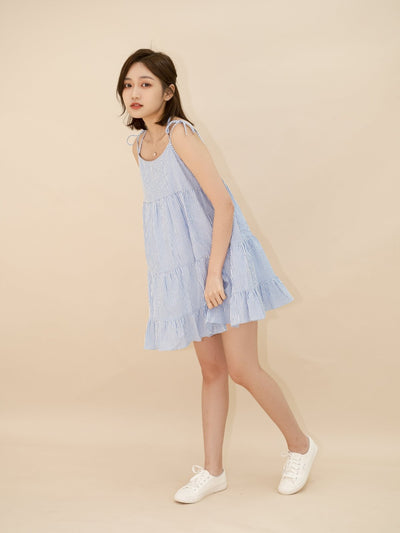 Striped Tiered Mini Dress BLUE WHITE STRIPE - DAG-DD8517-21BlueWhiteStripeF - Blue White Stripes - F - D'ZAGE Designs