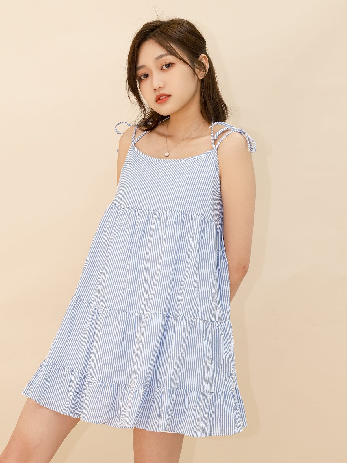 Striped Tiered Mini Dress BLUE WHITE STRIPE - DAG-DD8517-21BlueWhiteStripeF - Blue White Stripes - F - D'ZAGE Designs