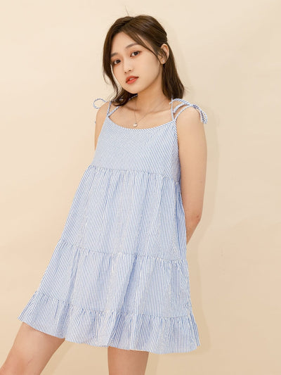 Striped Tiered Mini Dress BLUE WHITE STRIPE - DAG-DD8517-21BlueWhiteStripeF - Blue White Stripes - F - D'ZAGE Designs