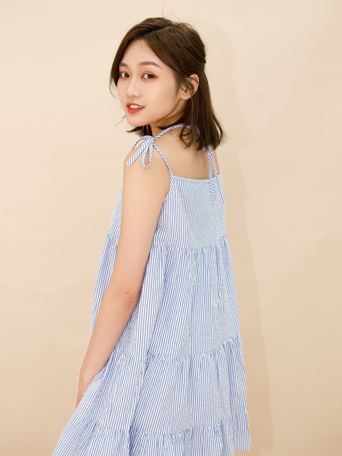 Striped Tiered Mini Dress BLUE WHITE STRIPE - DAG-DD8517-21BlueWhiteStripeF - Blue White Stripes - F - D'ZAGE Designs