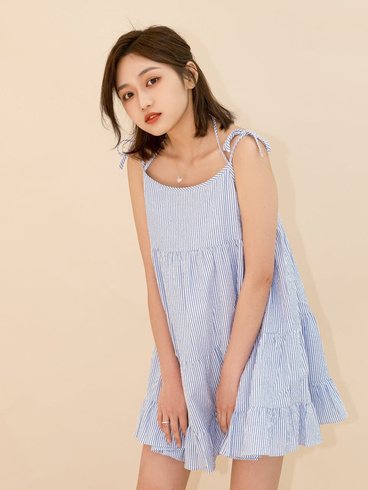 Striped Tiered Mini Dress BLUE WHITE STRIPE - DAG-DD8517-21BlueWhiteStripeF - Blue White Stripes - F - D'ZAGE Designs