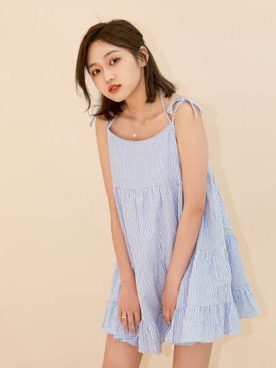 Striped Tiered Mini Dress BLUE WHITE STRIPE - DAG-DD8517-21BlueWhiteStripeF - Blue White Stripes - F - D'ZAGE Designs