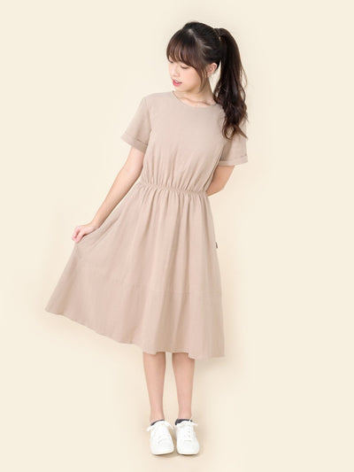 Lanna Elastic Waist Short Sleeve Dress - DAG-DD9449-22CreamF - Beige - F - D'ZAGE Designs