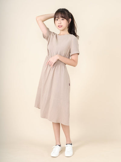 Lanna Elastic Waist Short Sleeve Dress - DAG-DD9449-22CreamF - Beige - F - D'ZAGE Designs