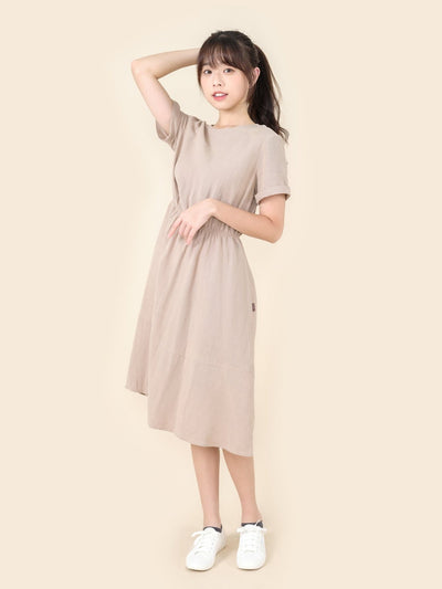 Lanna Elastic Waist Short Sleeve Dress - DAG-DD9449-22CreamF - Beige - F - D'ZAGE Designs