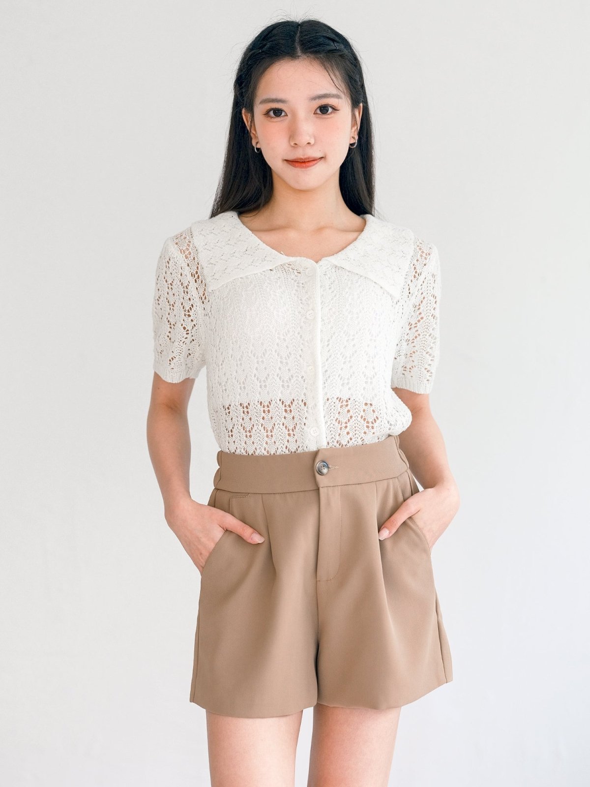 Terese Buttoned Pleated Shorts - DAG-G-220136KhakiS - Khaki Beige - S - D'ZAGE Designs