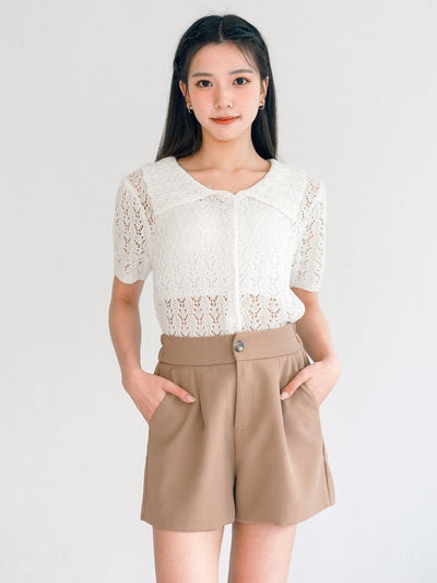 Terese Buttoned Pleated Shorts - DAG-G-220136KhakiS - Khaki Beige - S - D'ZAGE Designs