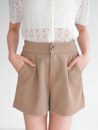 Terese Buttoned Pleated Shorts - DAG-G-220136KhakiS - Khaki Beige - S - D'ZAGE Designs