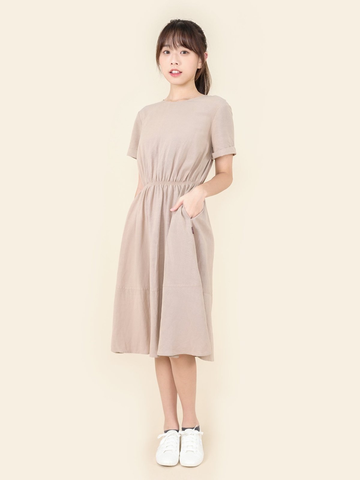 Lanna Elastic Waist Short Sleeve Dress - DAG-DD9449-22CreamF - Beige - F - D'ZAGE Designs