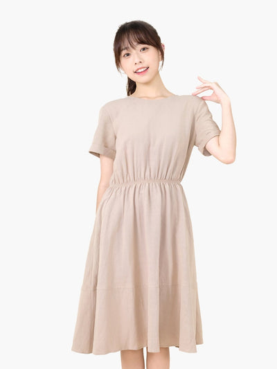 Lanna Elastic Waist Short Sleeve Dress - DAG-DD9449-22CreamF - Beige - F - D'ZAGE Designs
