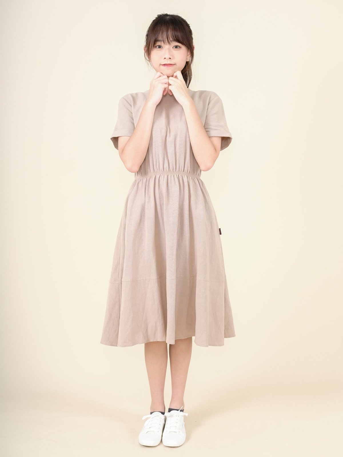 Lanna Elastic Waist Short Sleeve Dress - DAG-DD9449-22CreamF - Beige - F - D'ZAGE Designs
