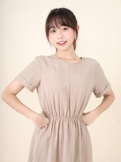 Lanna Elastic Waist Short Sleeve Dress - DAG-DD9449-22CreamF - Beige - F - D'ZAGE Designs