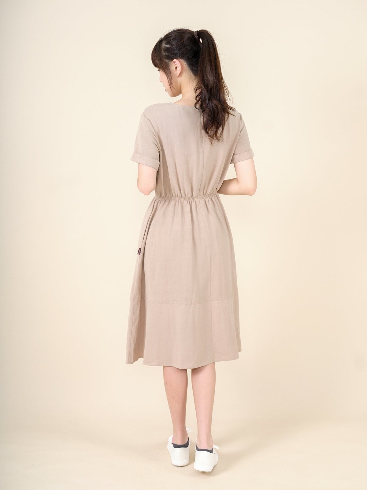 Lanna Elastic Waist Short Sleeve Dress - DAG-DD9449-22CreamF - Beige - F - D'ZAGE Designs