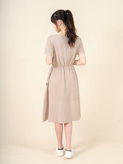 Lanna Elastic Waist Short Sleeve Dress - DAG-DD9449-22CreamF - Beige - F - D'ZAGE Designs