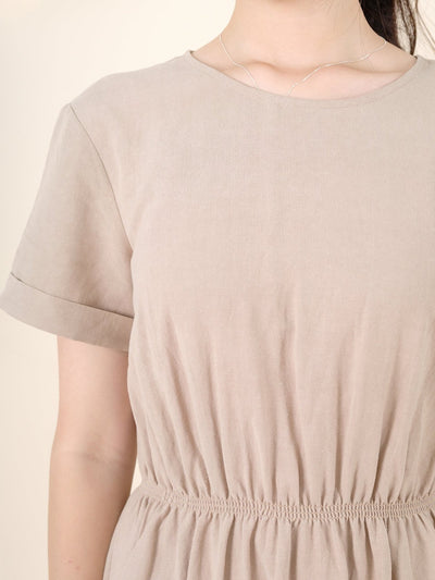 Lanna Elastic Waist Short Sleeve Dress - DAG-DD9449-22CreamF - Beige - F - D'ZAGE Designs