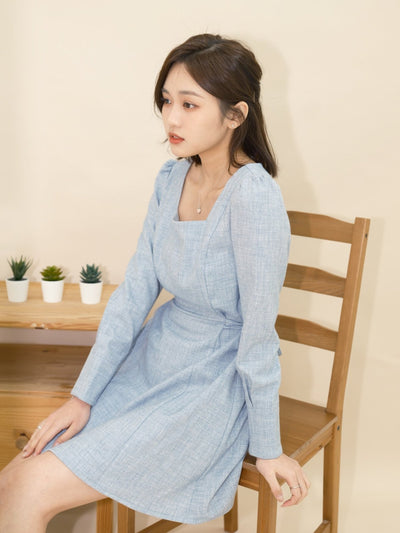 Square Neck Pintuck Mini Dress - DAG-DD9049-22LightBlueF - Baby Blue - F - D'ZAGE Designs
