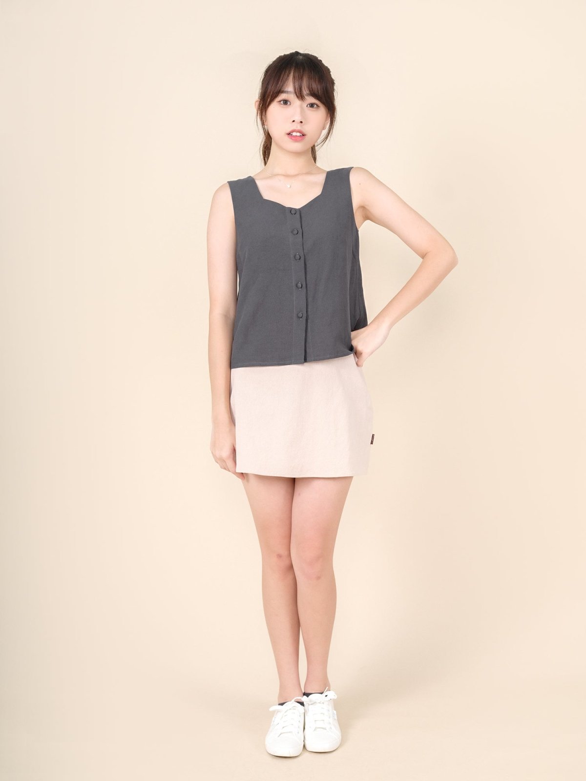 Skyla Elastic Waist A-line Skirt - DAG-DD9452-22CreamPuffF - Beige - F - D'ZAGE Designs