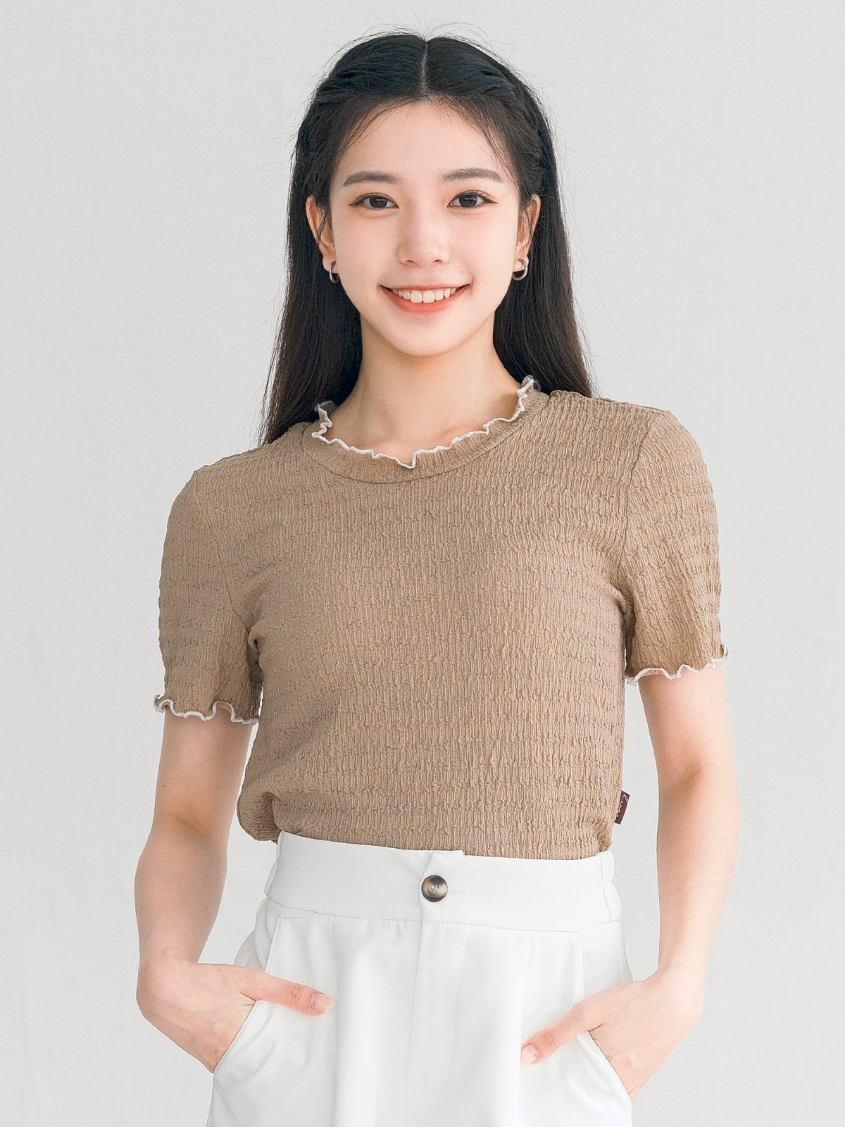 Eve Must-Have Wrinkle Ruffle Tee - DAG-DD0363-23CaramelWhiteS - Caramel White Hem - S - D'ZAGE Designs
