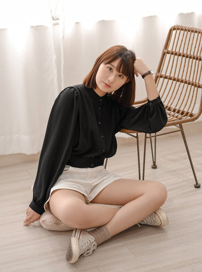 Cropped Button Up Blouse BLACK - DAG-DD7844-21BlackS - Black - S - D'ZAGE Designs
