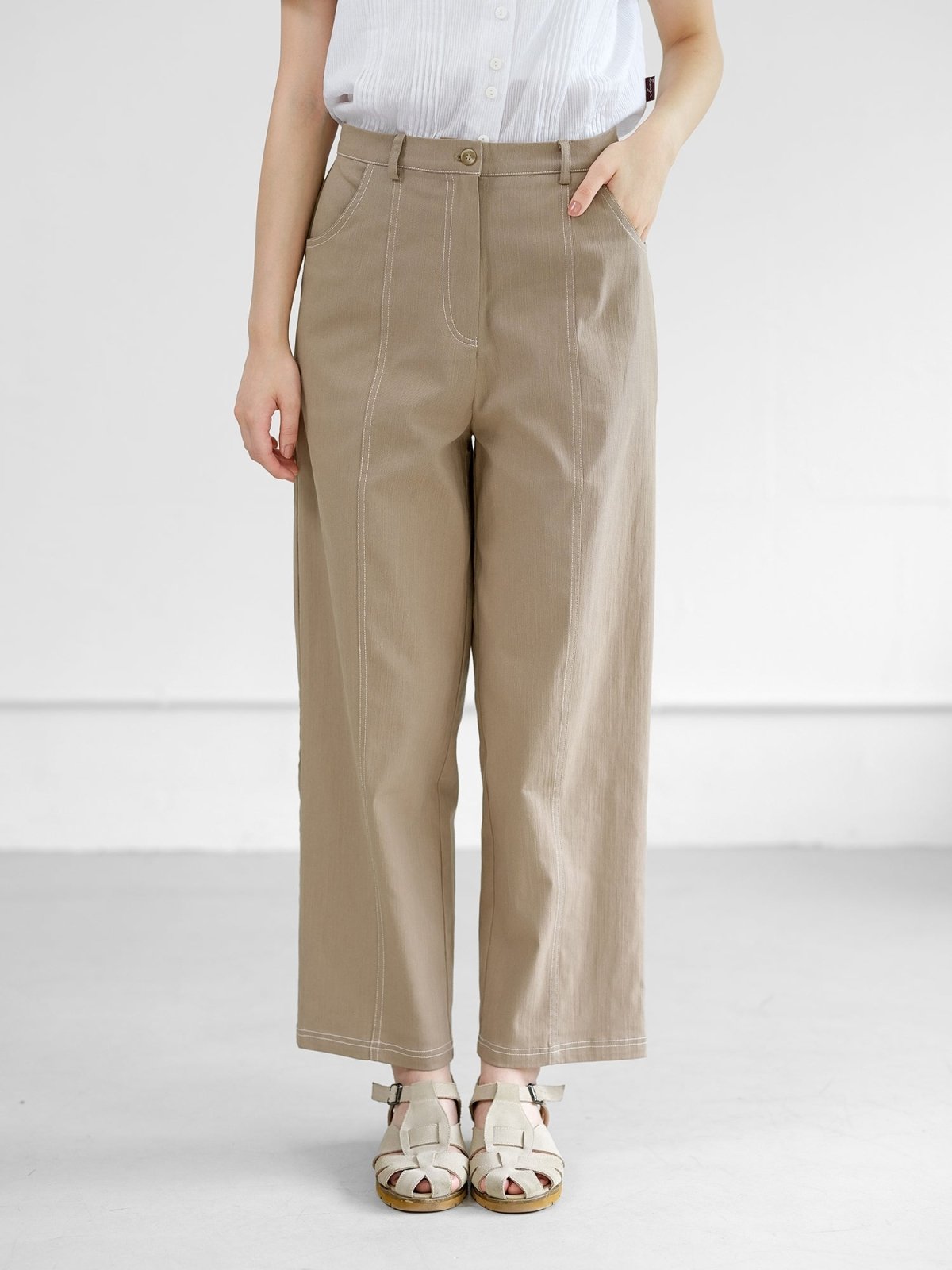 Marian Contrast Stitch Trousers - DAG-DD0721-23KhakiBeigeS - Khaki Beige - S - D'ZAGE Designs