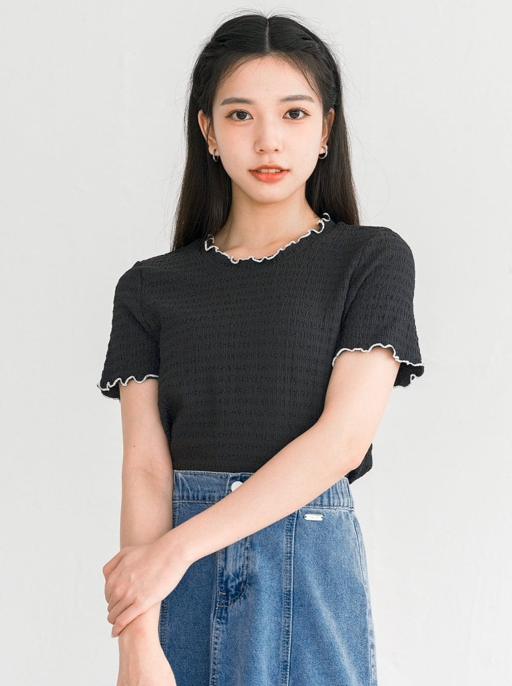 Eve Must-Have Wrinkle Ruffle Tee - DAG-DD0363-23BlackWhiteS - Black White Hem - S - D'ZAGE Designs
