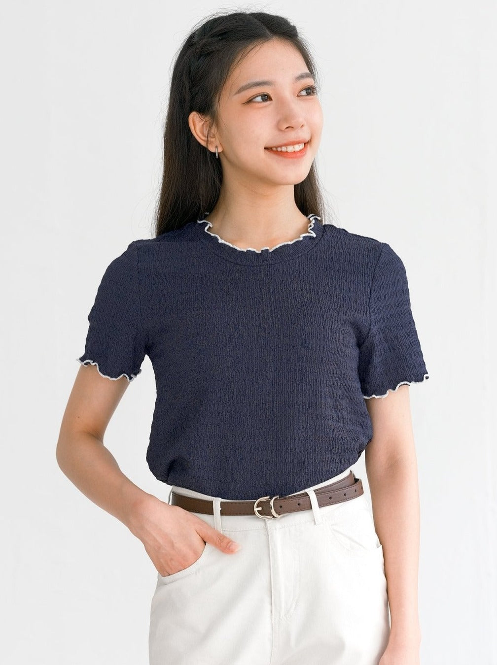 Eve Must-Have Wrinkle Ruffle Tee - DAG-DD0363-23NavyWhiteS - Navy White Hem - S - D'ZAGE Designs