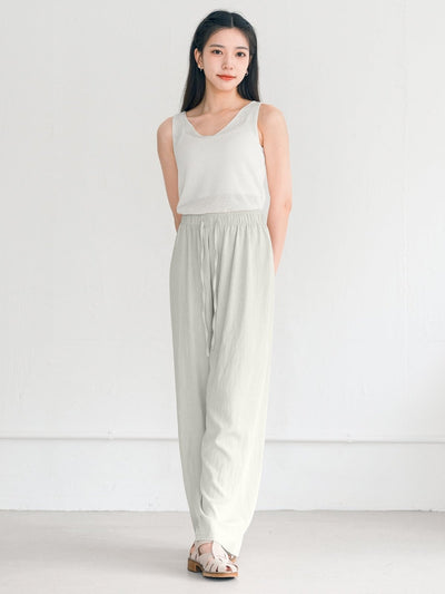 Rachel Tie Waist Wide Leg Trousers - DAG-G-220176WhiteF - Greenish White - F - D'ZAGE Designs