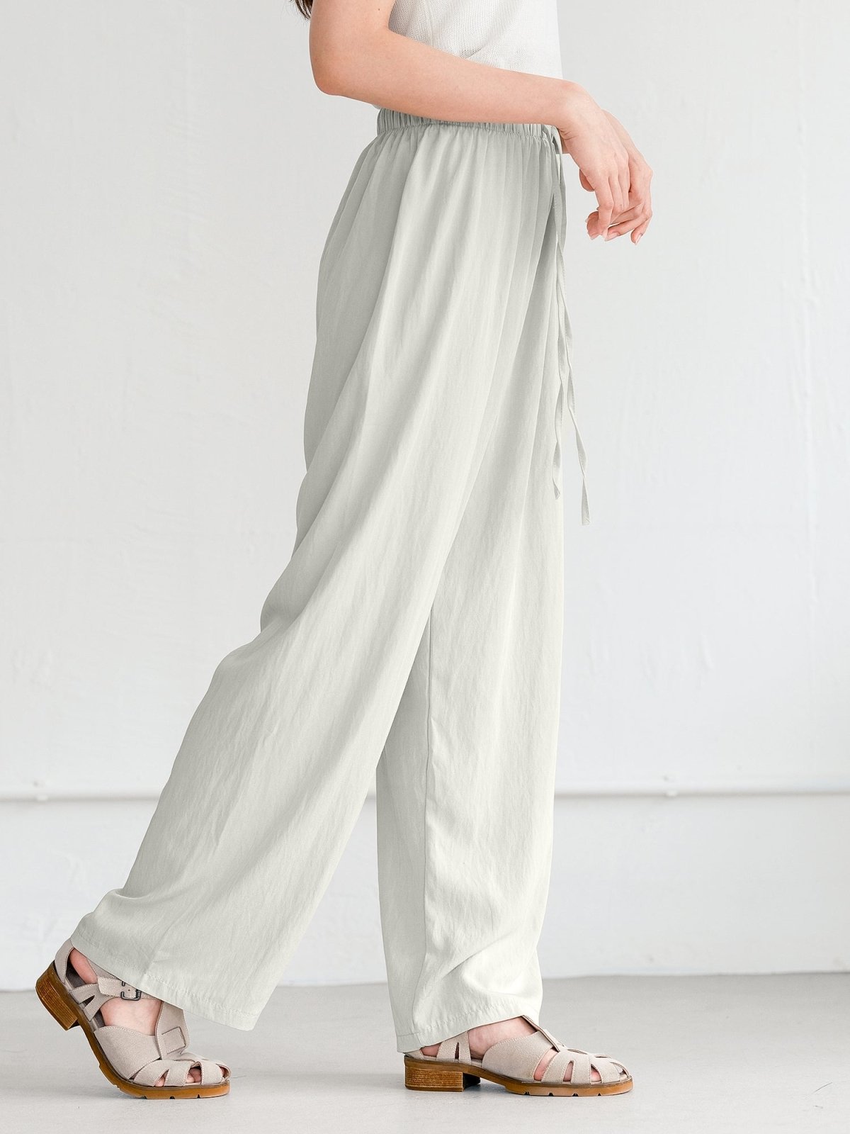 Rachel Tie Waist Wide Leg Trousers - DAG-G-220176WhiteF - Greenish White - F - D'ZAGE Designs