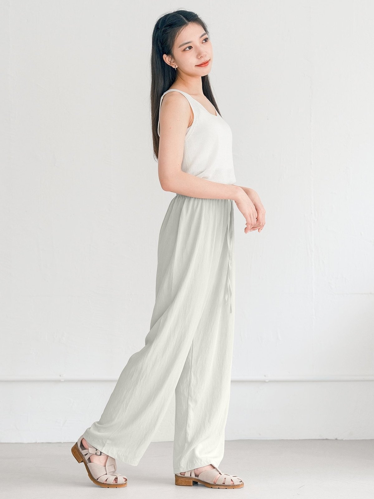 Rachel Tie Waist Wide Leg Trousers - DAG-G-220176WhiteF - Greenish White - F - D'ZAGE Designs