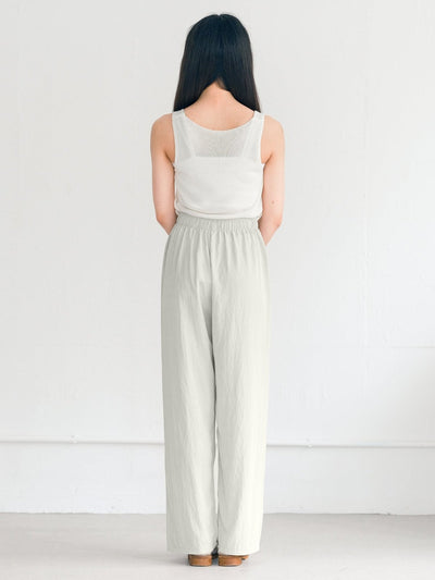 Rachel Tie Waist Wide Leg Trousers - DAG-G-220176WhiteF - Greenish White - F - D'ZAGE Designs