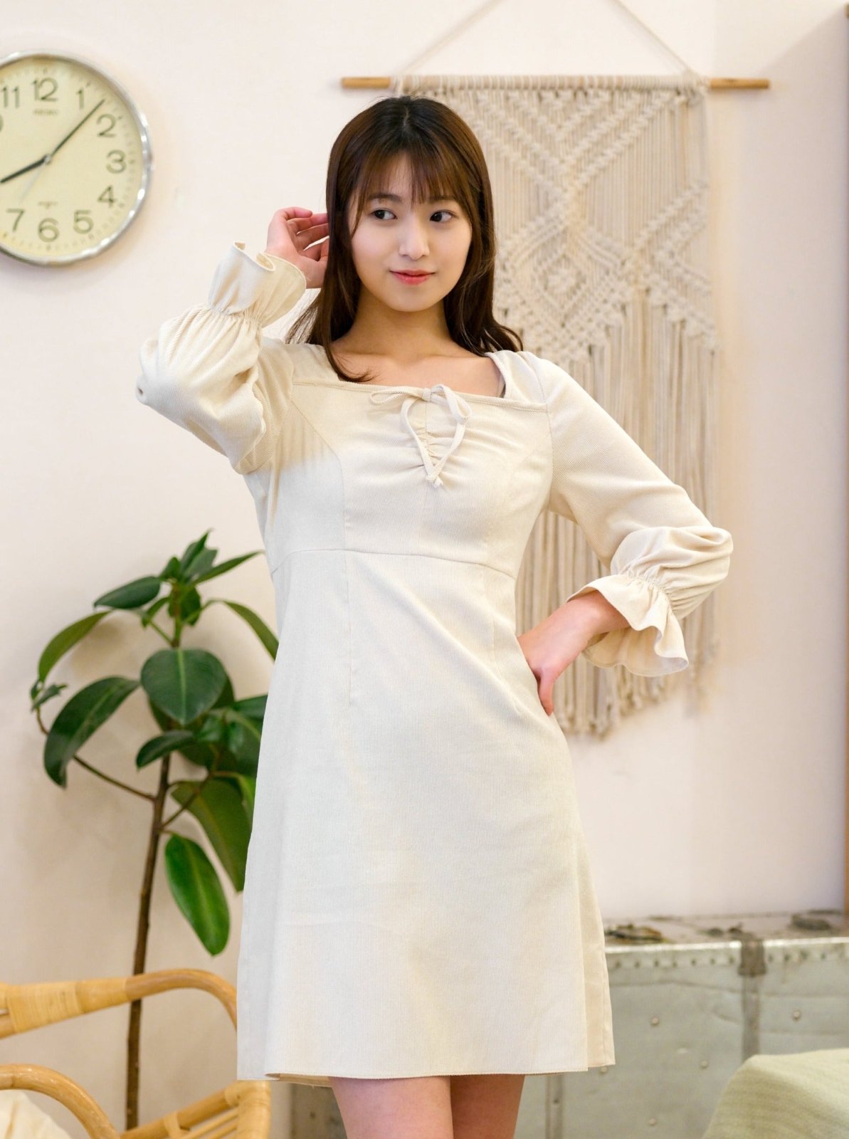 Corduroy Front Gathered Dress - DAG-DD8798-21CreamPuffS - Mochi Ivory - S - D'ZAGE Designs
