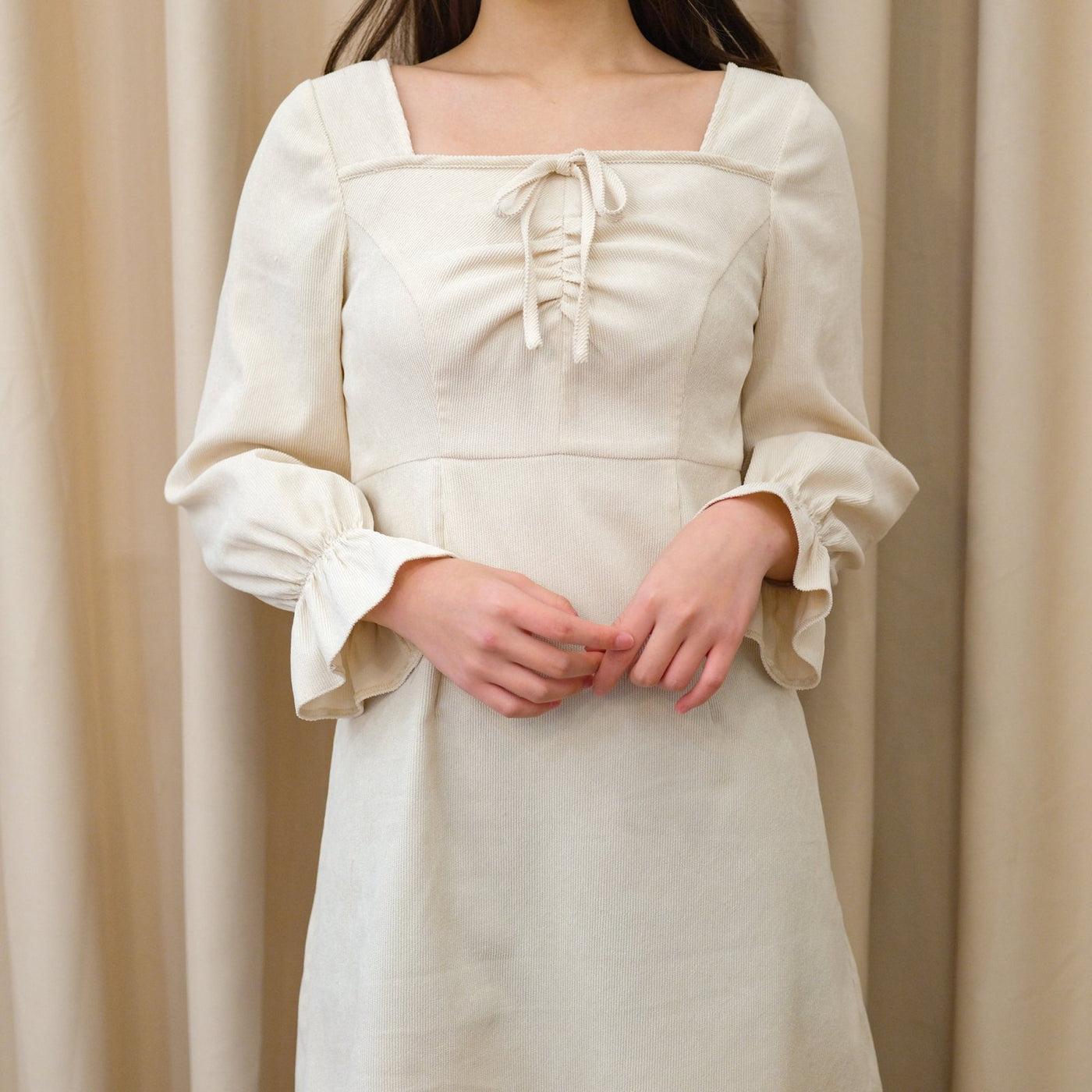 Corduroy Front Gathered Dress - DAG-DD8798-21CreamPuffS - Mochi Ivory - S - D'ZAGE Designs