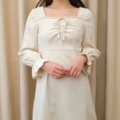 Corduroy Front Gathered Dress - DAG-DD8798-21CreamPuffS - Mochi Ivory - S - D'ZAGE Designs