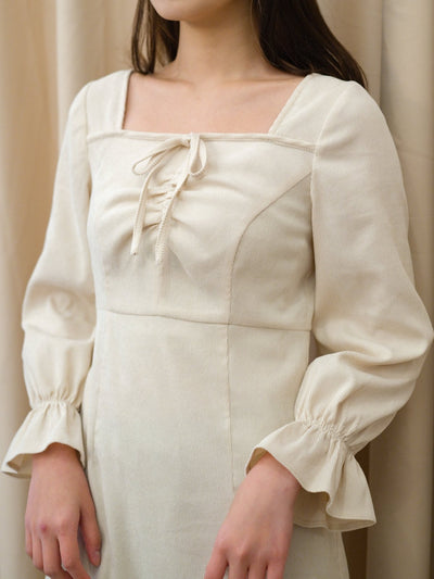 Corduroy Front Gathered Dress - DAG-DD8798-21CreamPuffS - Mochi Ivory - S - D'ZAGE Designs